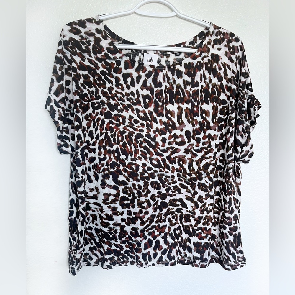 Cabi Animal Leopard Print Short Cuffed Dolman Sleeve Boxy Tee Shirt Top size m